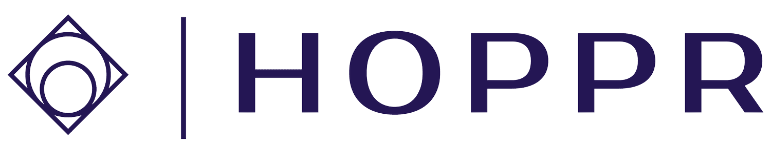 The image shows the HOPPR logo with a geometric icon on the left and the word "HOPPR" in bold, dark blue capital letters on the right.